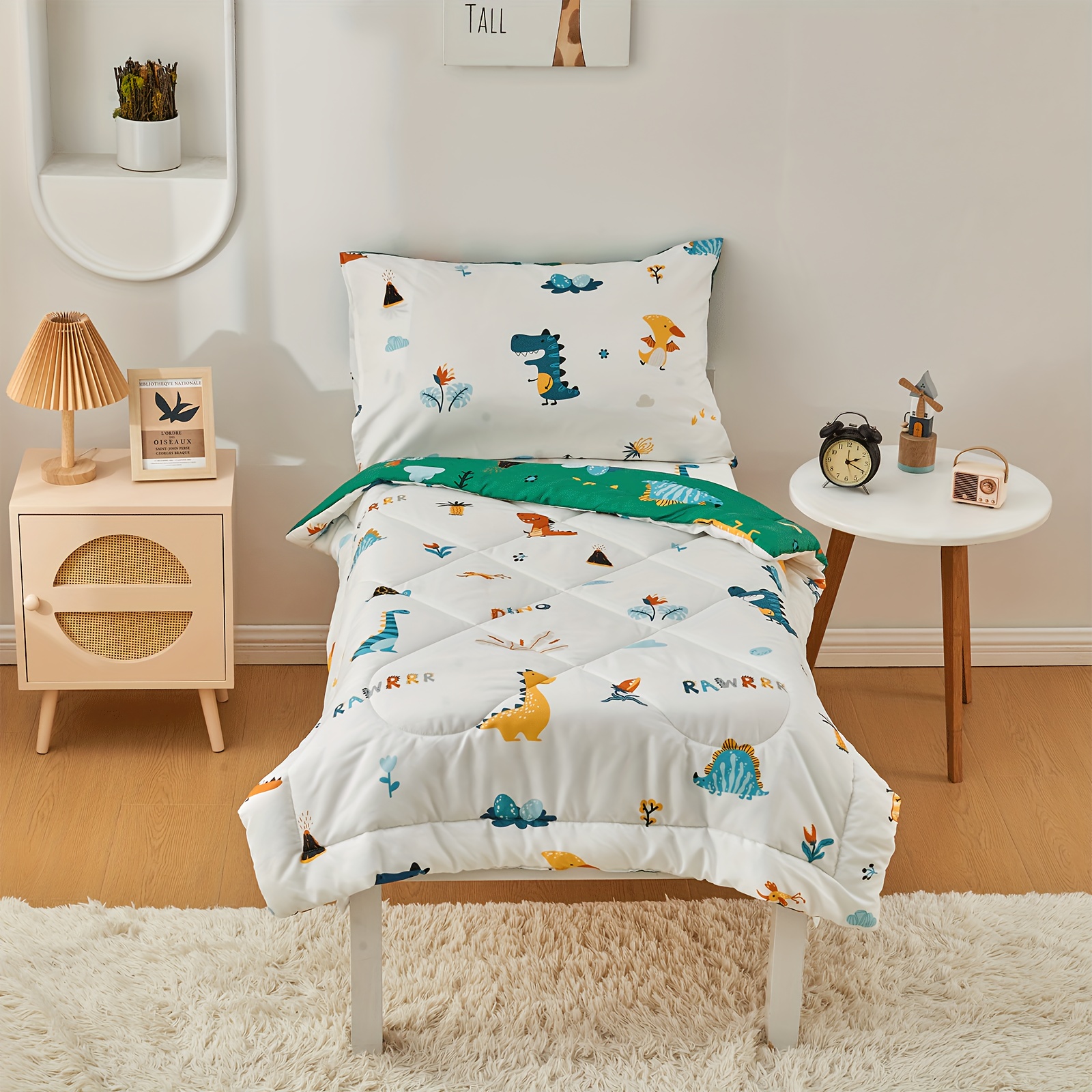 Four-Piece Green Dinosaur Pattern Kids Bedding Set