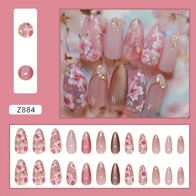 TEMU Uñas postizas de ojos de gato con punta francesa , uñas postizas de cobertura total rosas para pegar, diseños de uñas postizas de francesa con