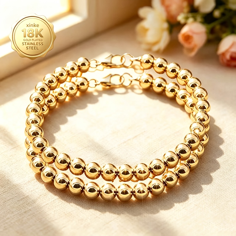 TEMU 2pcs High-quality 18k Gold Plated Bracelet, Exquisitely Beaded, Unisex, Stylish Wedding Party Gift Jewelry, Holiday Jewelry, Party Accessory,