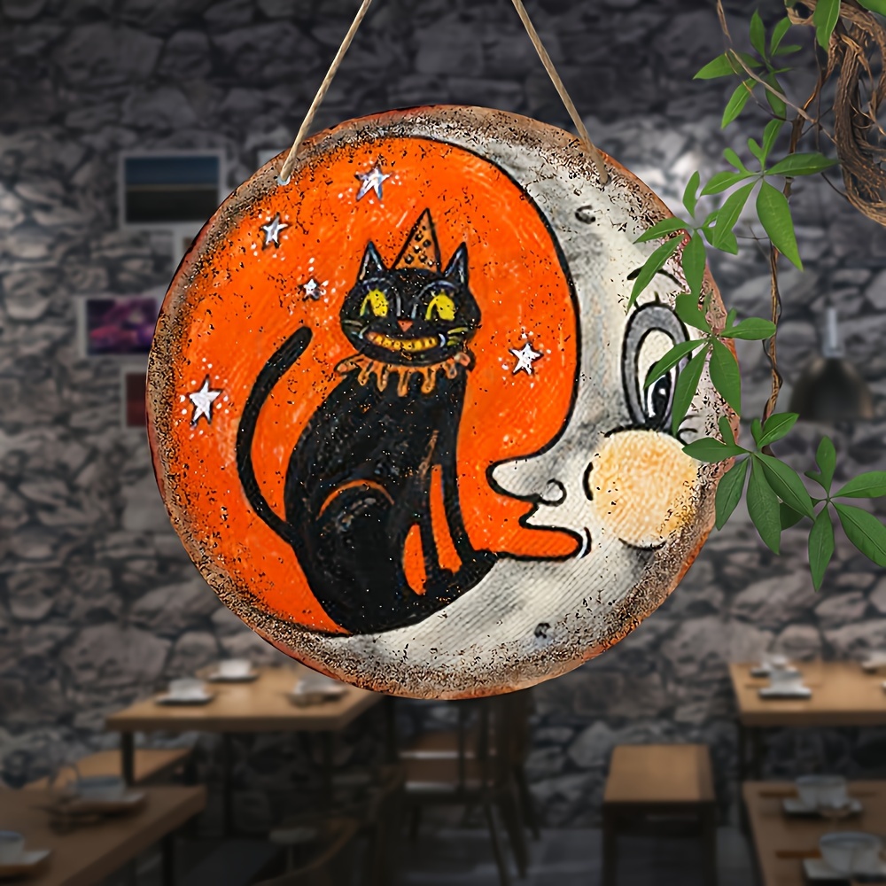 

8" Round Cat & Wooden Hanging - Decorative & Plaque For , Bar, , , , Aesthetic Unique Halloween And