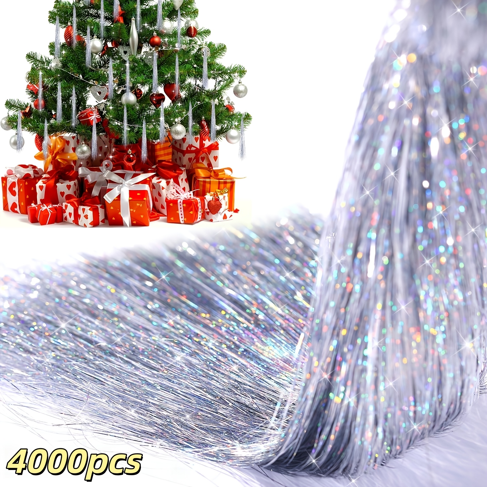 TEMU 4000 Shiny Metal Ribbon Icicles, Golden, Silvery, And Red Glitter Foil Edge Tassel Ribbons Hanging Tassels, Christmas Tree Decorations For