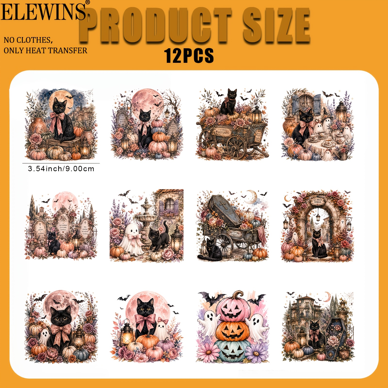 12 vellen vintage halloween kat   strijkapplicaties, dtf transfers   om te strijken. ideaal voor t-shirts, hoodies, jeans, rugzakken en kussens, machine wasbaar plastic, feestelijk cadeau idee