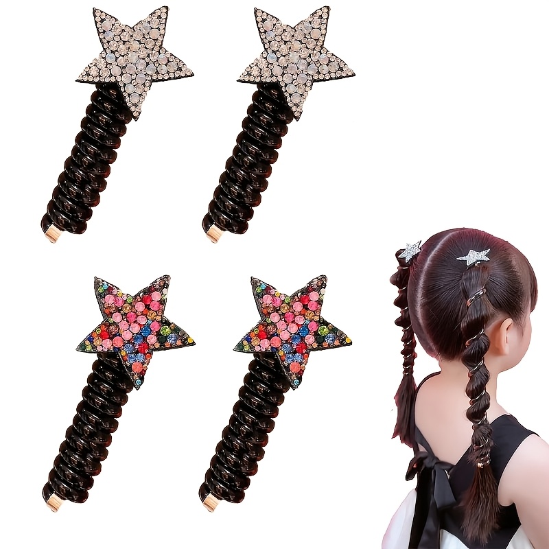 TEMU 4pcs Colorful Rhinestone Telephone Wire Hair Bands, Spiral Hair Ties Phone Cord, Pentagram Telephone Wire Hair Bands, Phone Cord Straight Spiral