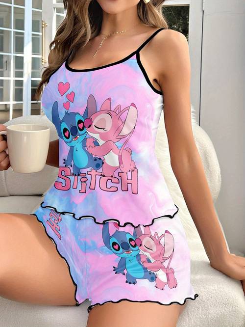 womens pajama set cute cartoon print off the shoulder camisole top and tie dye graphic print shorts comfortable polyester blend pajamas