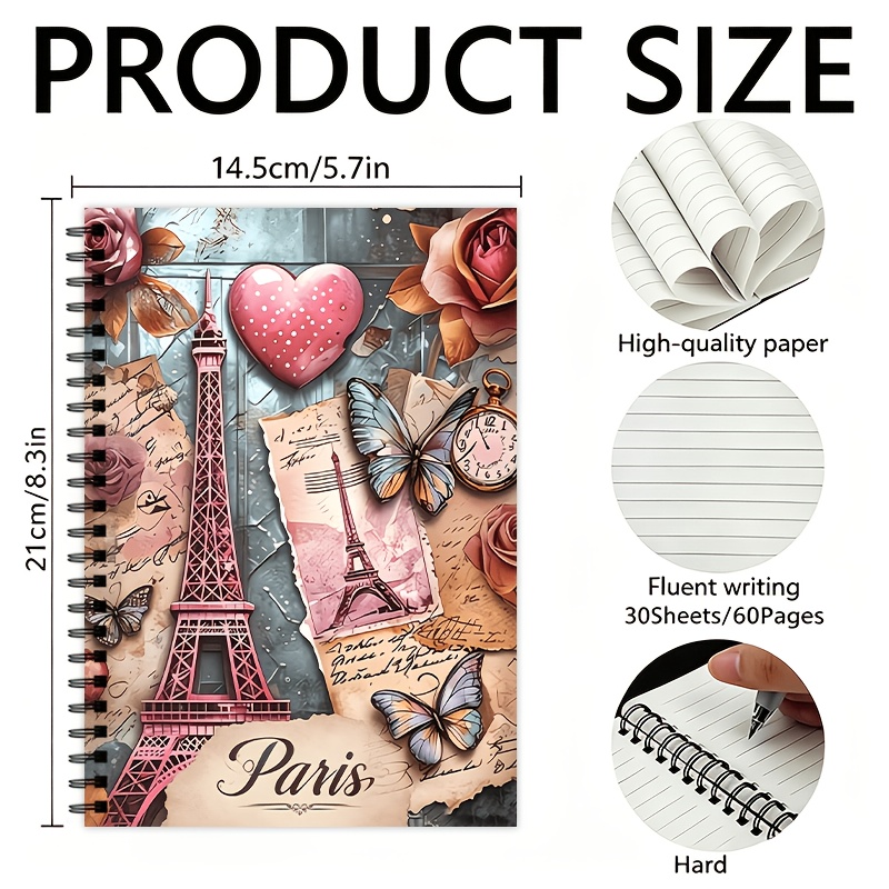 TEMU This Retro Pink Eiffel Tower Notebook Features 30 Inner Pages With A Total Of 60 Horizontal Line Inner Pages. A Perfect Gift For Christmas And