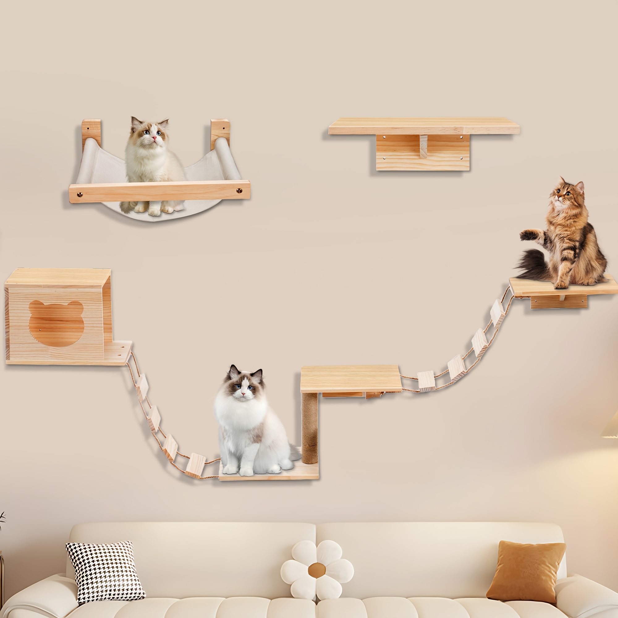 

5pcs Rengue Cat Wall Furniture, Wall-mounted Cat Shelves With Condo, Ladder, Platform & Scratching Post, Wood, With Steps For Indoor Cats