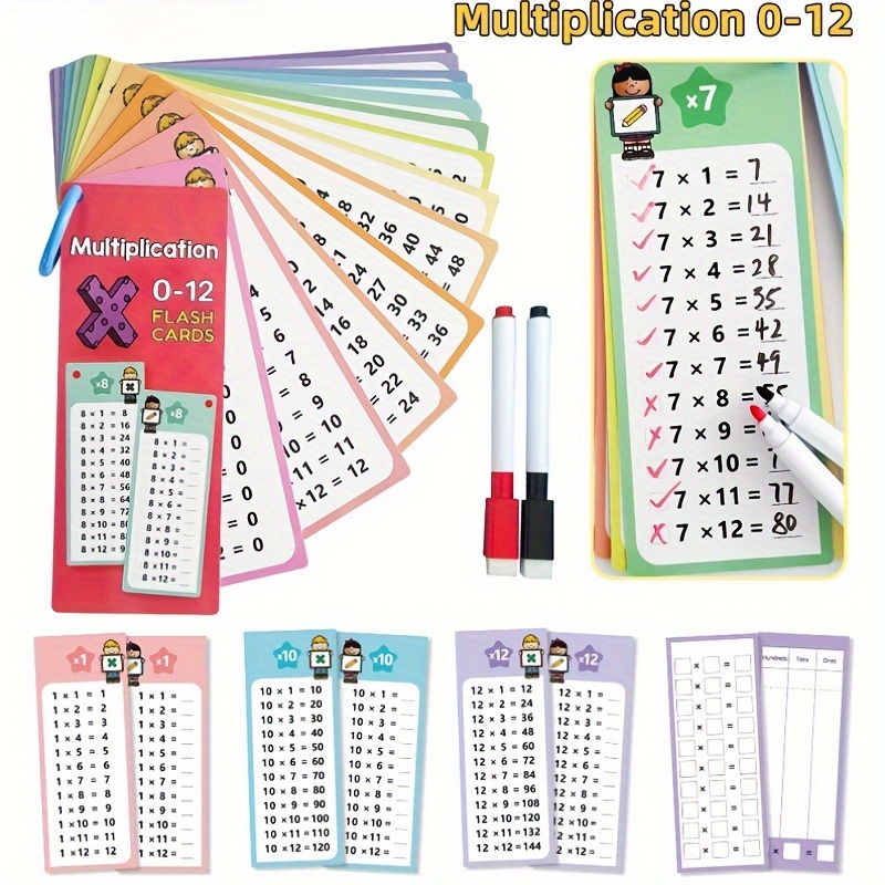 14pcs Multiplication Flash Card Set with Self-Check & Scoring - Includes Storage Ring, Dry Erase Markers - Ideal for Classroom & Home Learning, Perfect Gift for Students