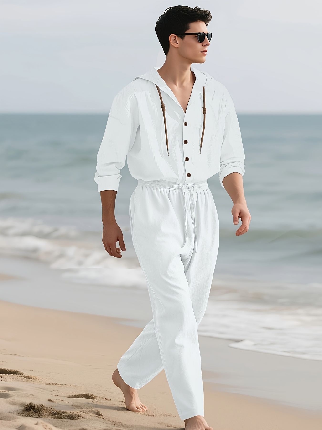 1 Set Men S Fashion Casual Long Sleeve Cardigan Pants Suit | High-End Light Beige-Friendly Soft Woven Linen Fabric | 95% Linen 5% Polyester | Essential     Sportswear | Breathable Lightweight | Indoor   and Outdoor Activities | Wardrobe Must-Have Leisure Vacation Trendy Style | Spring/Autumn Suitable