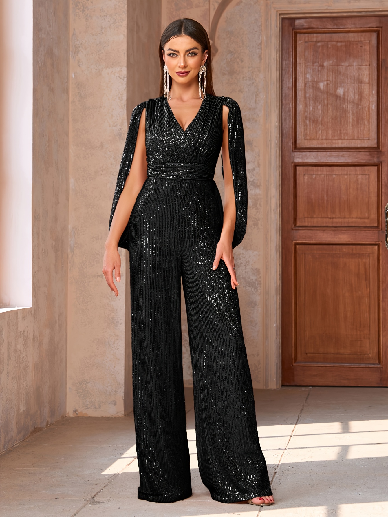 Women's Elegant Deep V-Neck Long Sleeve Sequin Jumpsuit with Wide-Leg Pants  Adjustable Belt Solid Black Party Formal Wear