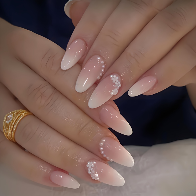 Image of This Kit Includes 24pcs Of Medium-sized, Nude Almond-shaped Press-on Nails With Pearl Flowers And Rhinestones, Perfect For Women And To Wear At Parties Or For Everyday Use