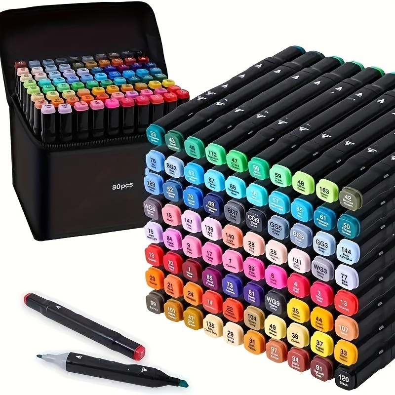 

48/80 Colors Dual Tip Markers Set, Professional Permanent Sketching Markers For Adult Coloring Illustration, Art Drawing Mixing Pens With Storage Box