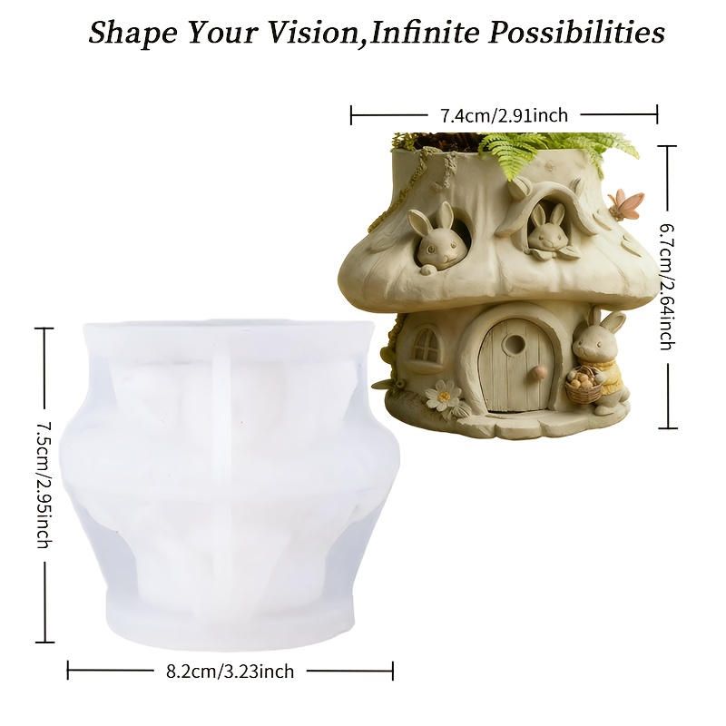 E-shop Harzgießform: Eine verträumte Märchen-3D-Hasen-Pilzhaus-Form, skurriler Gartendekor-Behälter mit detailliertem Pilzhaus- Hasen-Design. Langlebig