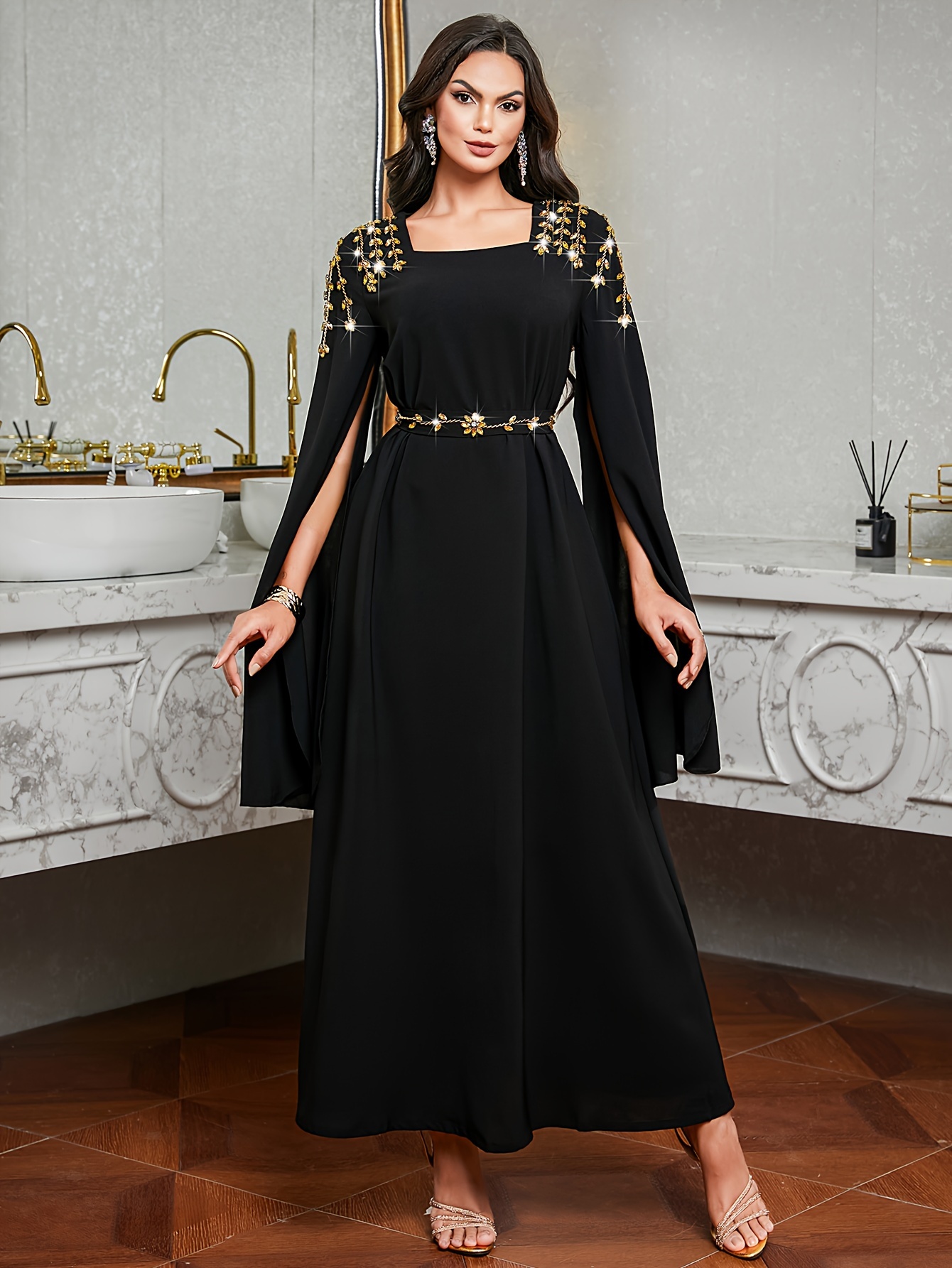 3169 Long Sleeve Embellished Maxi Dress Black with Golden Details,  Waist-Cinching Belt, Elegant Floor-Length Dress|Elegant Long Dress|* 
