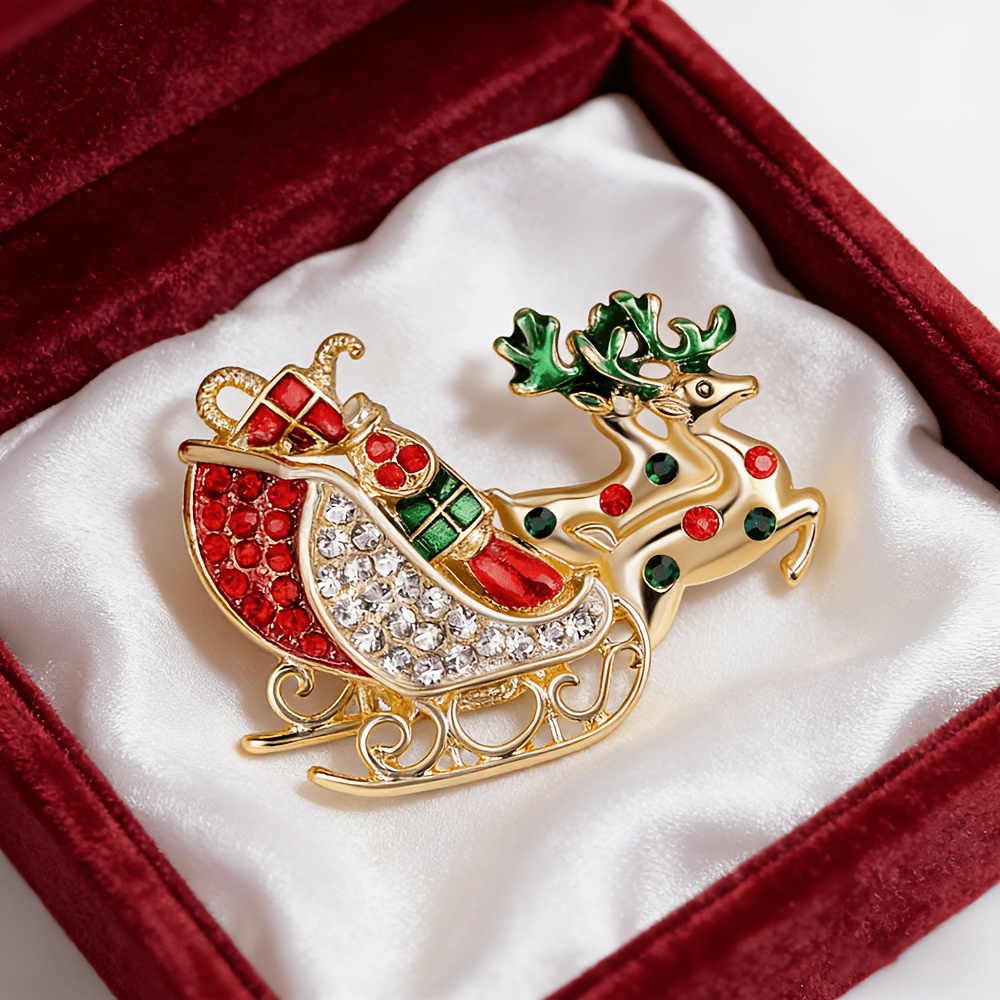 TEMU Elegant Designed Reindeer Sleigh Brooch, Red And Green Enamel With Full- Rhinestones Restore Christmas . Suitable For Coats, Sweaters, Dresses,