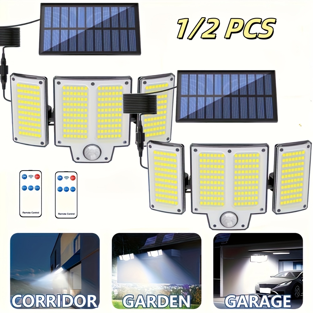 

1/2pcs 280 Led Outdoor Solar Lights, Solar Security Lights With Motion Sensor With Remote Control 3 , 3 Rotating Heads, Solar With Extension Cord For Patio, Garage, Porch, Yard, Pool