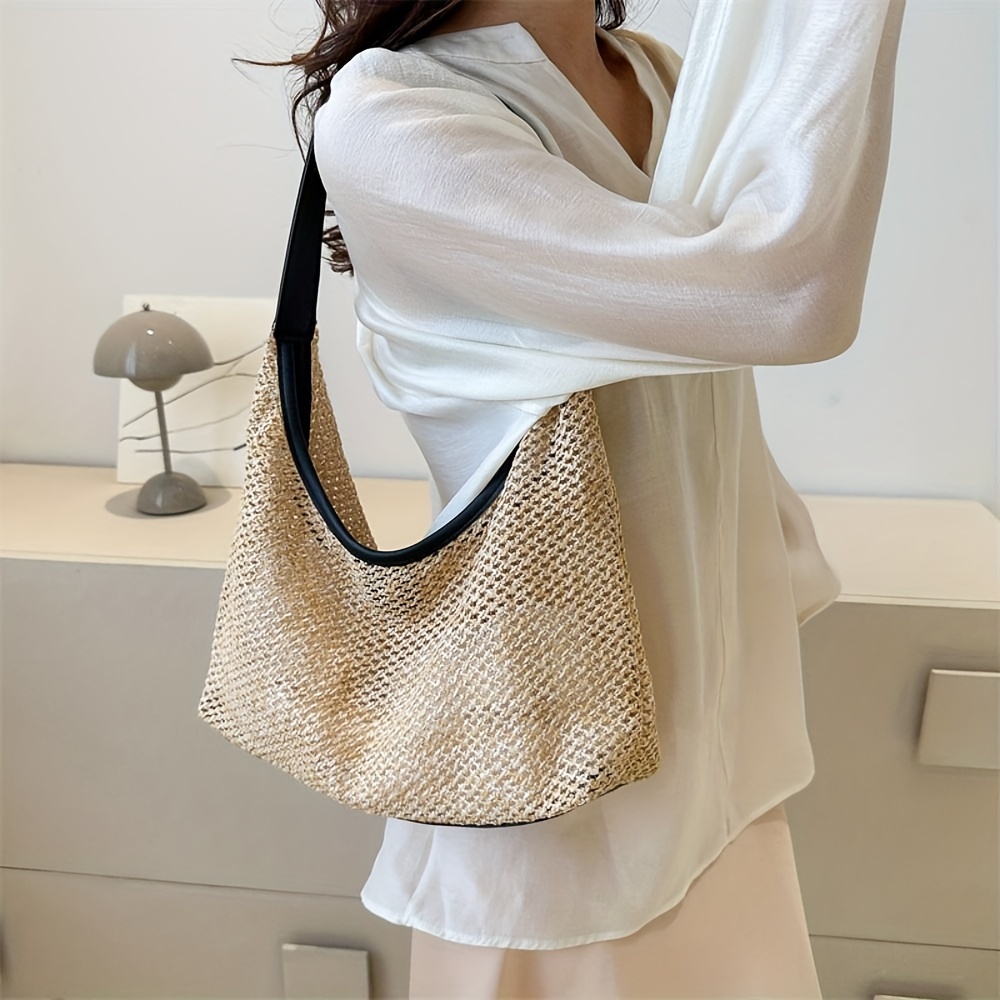 

Women Woven Shoulder Bag Large Capacity Casual Portable Top Handbags Knitting Holiday Beach Shopping Bag