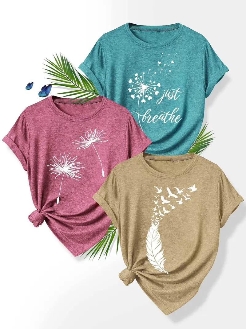 3pcs set floral print t shirts for women dandelion rose and casual summer short sleeve crew neck tees soft polyester blend sizes s xxl casual attire casual summer wear floral print stretchy fabric Product details 9