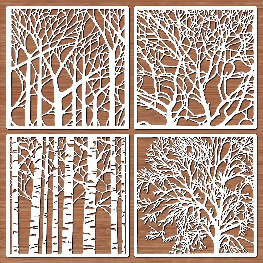 4pcs   tree trunk stencils cream white 7 87 inches reusable plastic art for wood fabric walls   diy crafts