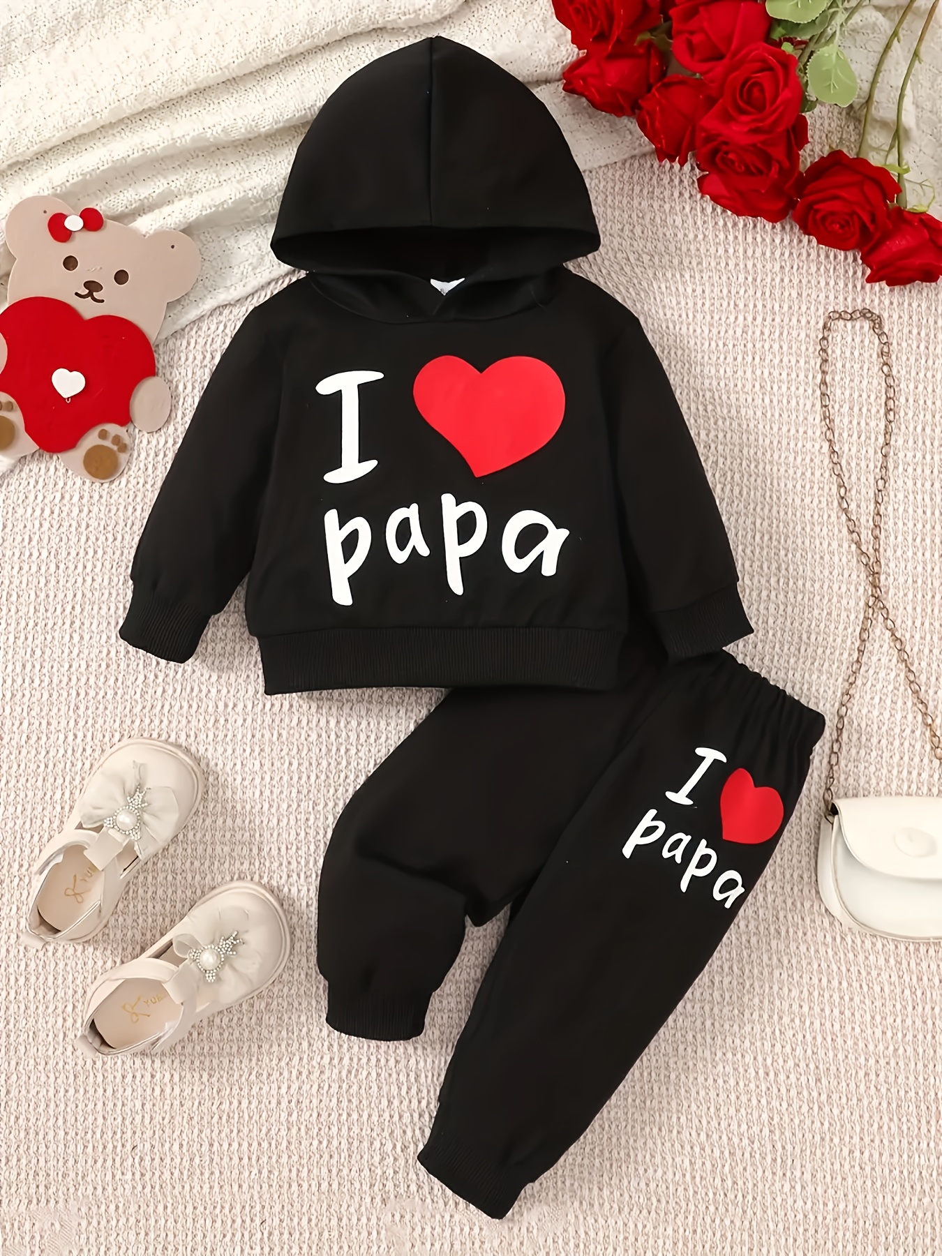2pcs I Love Papa Print Kids Hoodie & Pants Set, Polyester Casual Raglan Sleeve Long Sleeve Hooded Sweatshirt & Pants for Toddler & Infant Boy'S & Girl'S Clothes, for Outdoor