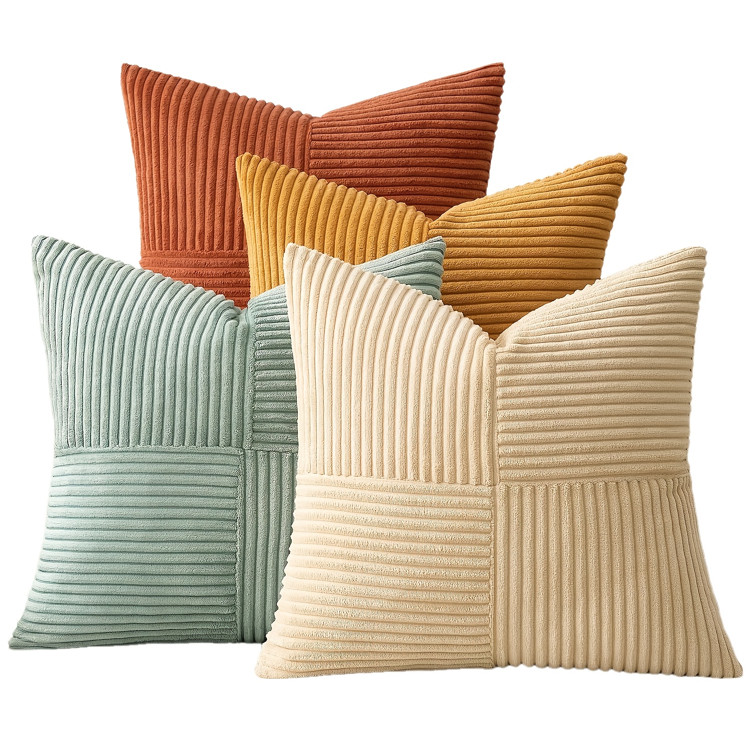 TEMU 4pcs Bohemian Style Corduroy Striped Pillowcases 18x18 Inch - Decorative Pillowcases With Zipper Closure, Machine Washable, White & Orange