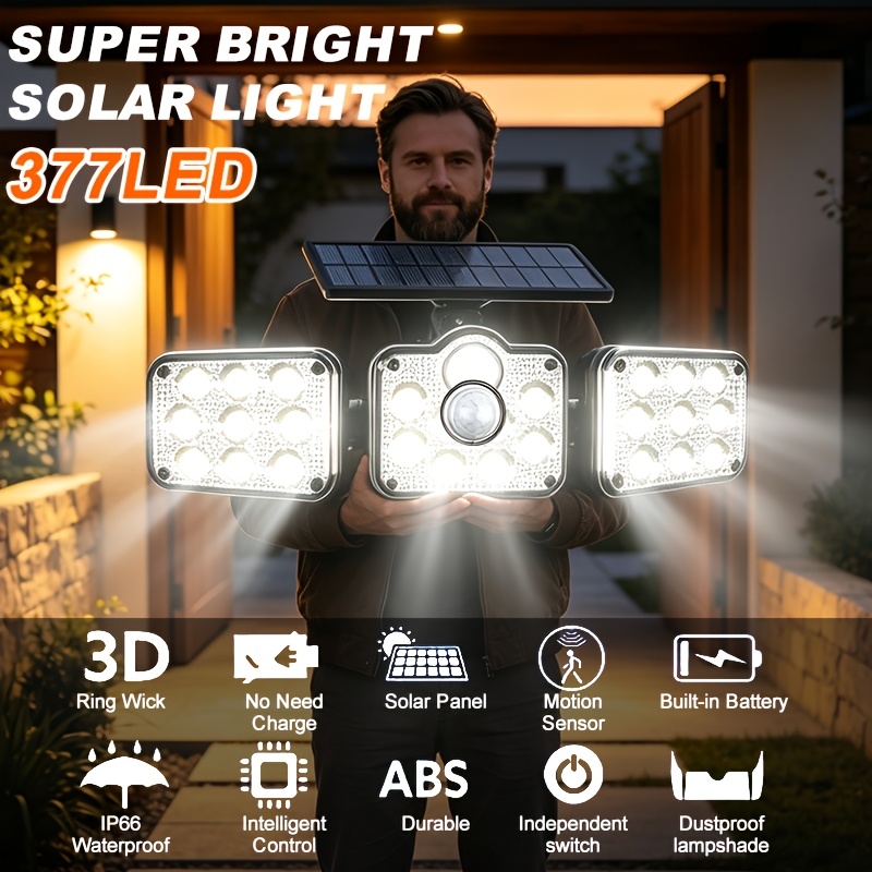 TEMU 377 Led Solar Outdoor Lights With Motion Sensor, Ip66 Waterproof 3 Adjustable Flood Light, Solar Powered No Electricity Needed, Abs Dustproof