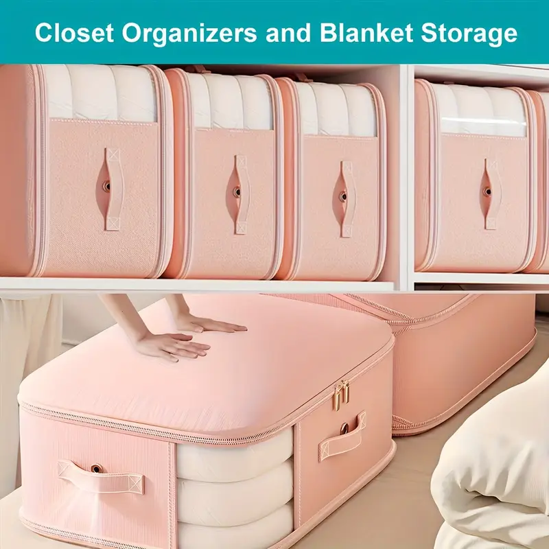 extra large capacity space saving compression storage bags with zipper closure heavy duty nylon organizer for clothes bedding travel stackable compression bags for home moving storage units     pink beige more ideal for closet under bed organization   space saver sturdy handle feature moving supplies   reinforced   home organizers Product details 7