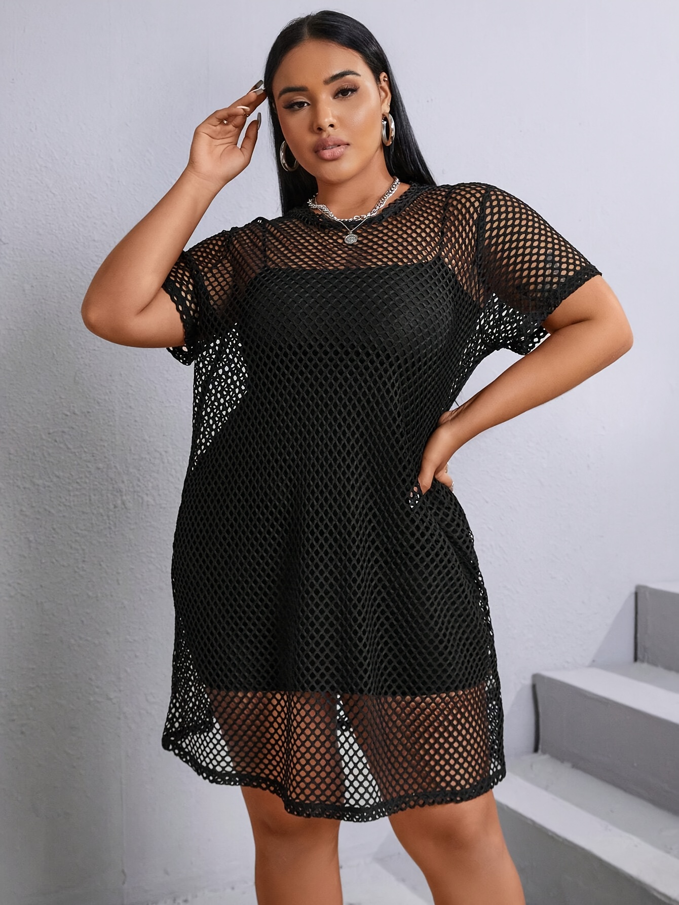 Plus Size Plus Size Women'S Vacation-Style Short Sleeve Dress  Lightweight Mesh Overlay, Round Neck, Loose Fit, Semi-Sheer, Black  Spring/Summer,