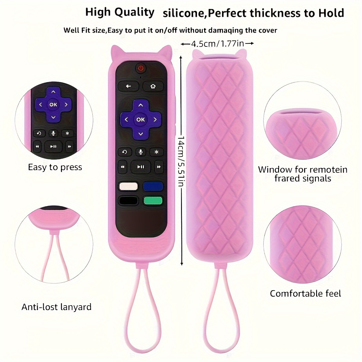 Cute Cat Ear Shaped Glow-In-The-Dark Silicone Universal Remote Control Cover with Lanyard, Suitable for TCL And Hisense.