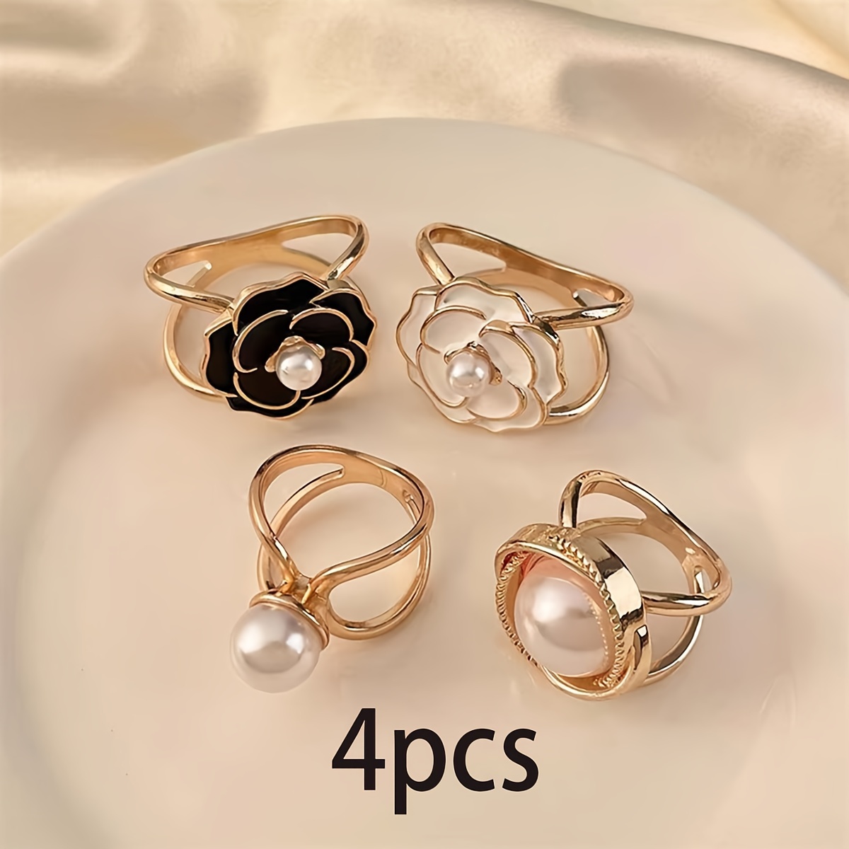 

4pcs Women' Floral Velvet Scarf Clips With Gold Rings, Multifunctional Scarf Holder, Fashion Accessories For Wear