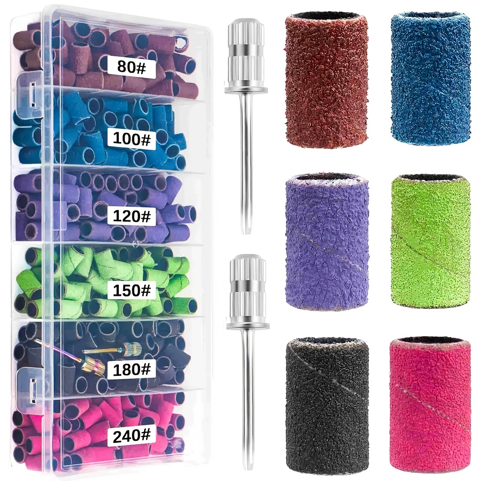 Image of 300pcs Klimonla Large Nail Sanding Bands & Bits Suitable For Acrylic/gel Nail Grinding, 6 Colors (80#/100#/120#/150#/180#/240#) With 2pcs Rods, // Grit For Professional Nail Care, For & Salon Use