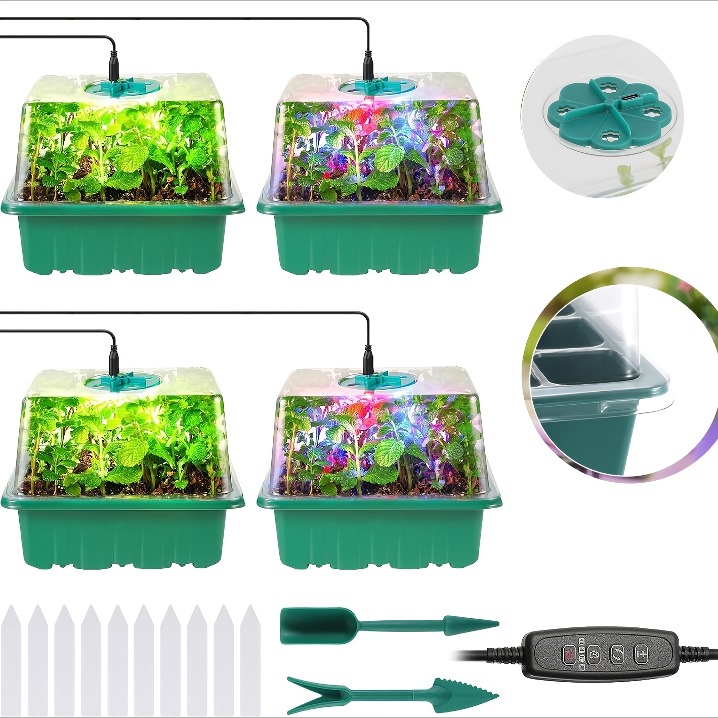 4pcs Seed Starter Trays With Grow Lights, Seed Starter Kit With Lights, 3 , Sets, Germination Kit For Seed Starting Trays, Seedling Starter With High Humidity Control Domes