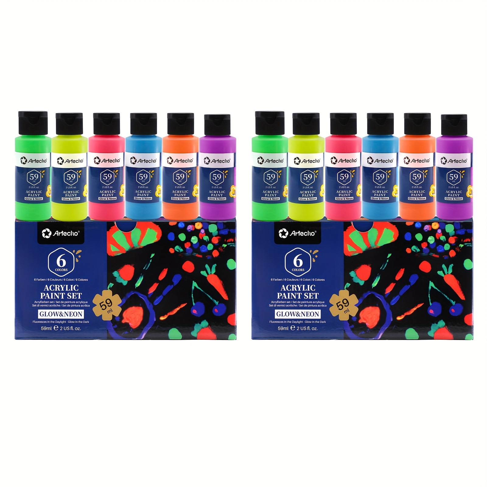 

2 Pack × 6 Neon And Glow In The Dark Colors 2-in-1 2 Ounce/59ml Acrylic Paint Supplies For Wood, Fabric, Crafts, Canvas, Leather&stone