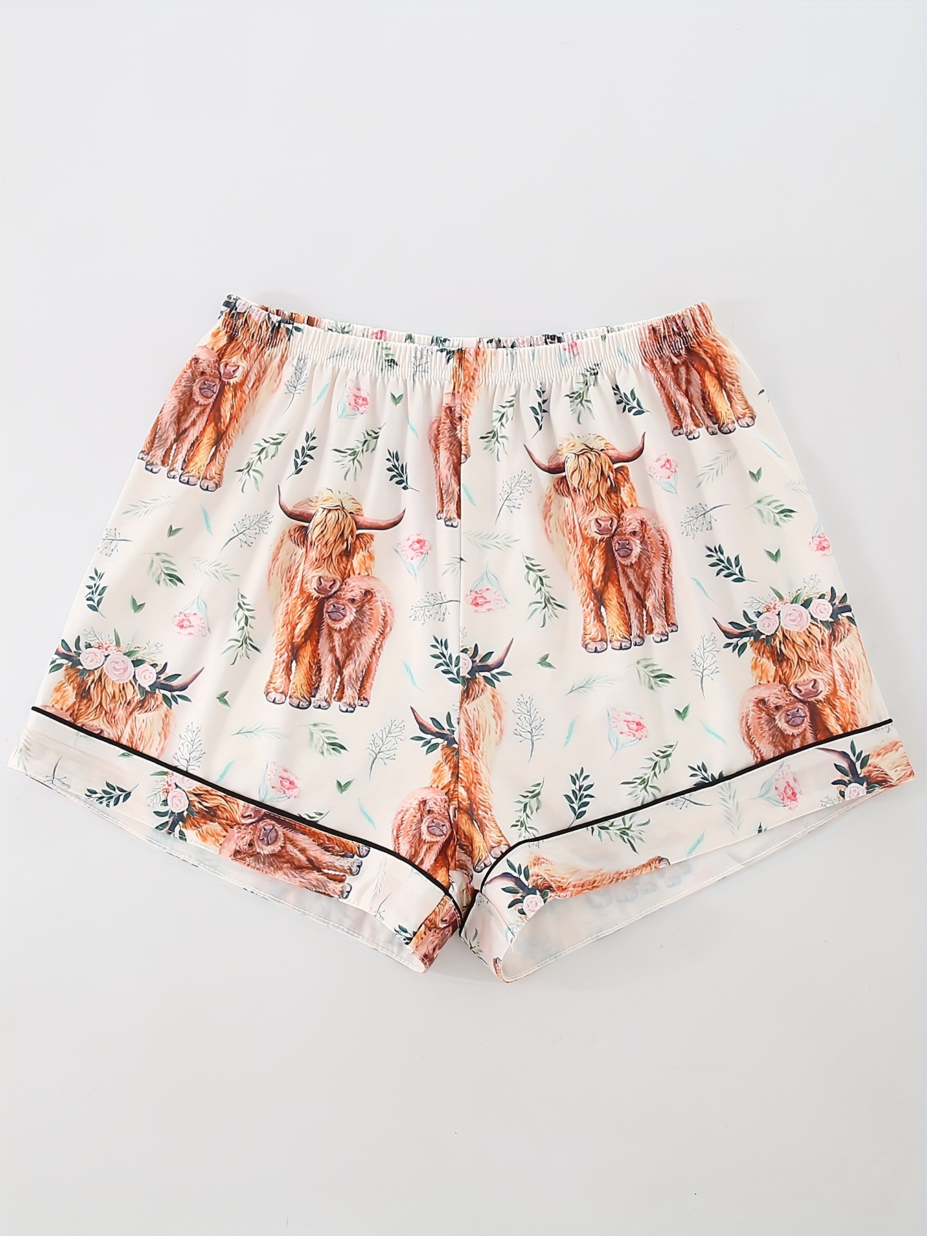 womens pajama set cute cartoon animal cow   casual lapel top with elastic waist shorts and long pants     wearable   and pocket details   adult sleepwear home outfit Product details 4
