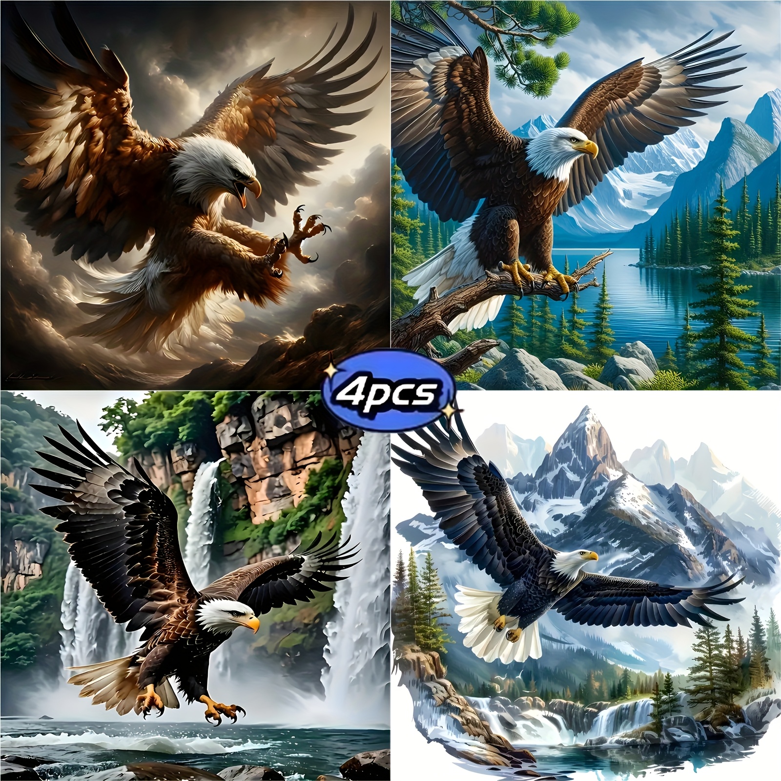TEMU 4pcs Set, Eagle Diamond Painting Diy , Diamond Painting Kit, Round Acrylic Diamond, Unframed Diamond Painting Art Painting, Diy 5d Diamond