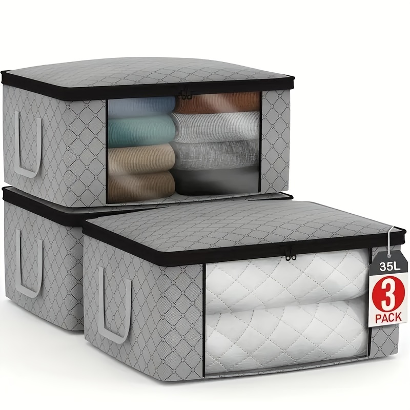 TEMU 3 sacs de rangement pliables classiques 35L avec poignées allongées, fenêtre transparente et couvercle, design à fermeture éclair pour une