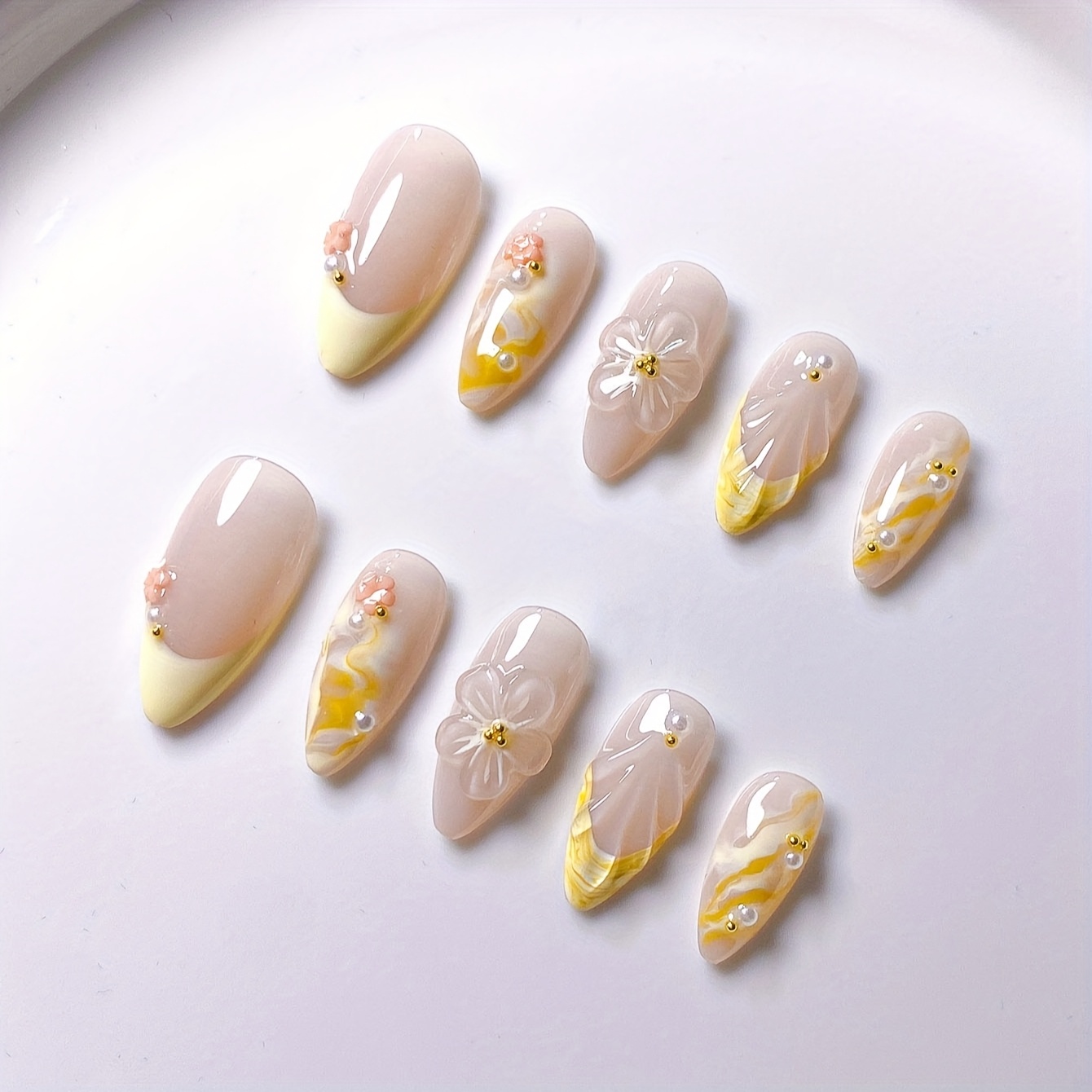 10pcs Handmade Almond Wearable Nails Orange-yellow French Ombre 3d Pinch Flower Shell Texture Pearl Cherry Premium Luxurious Temperament New Style Fake Nail Sheets