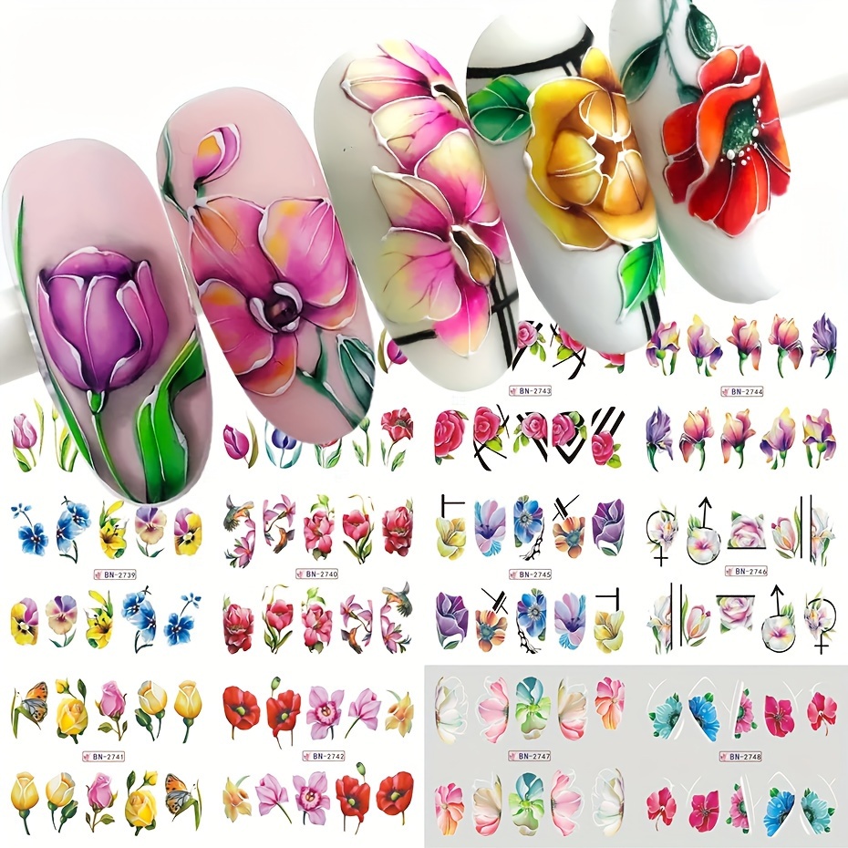 

12-pack Spring Floral Nail Transfer Decals, Self-adhesive Tulip Lily Poppy Designs, Glossy Finish Paper Nail Tattoo With Glitter Embellishment, Plant-themed Rectangle Manicure Decor For Plastics