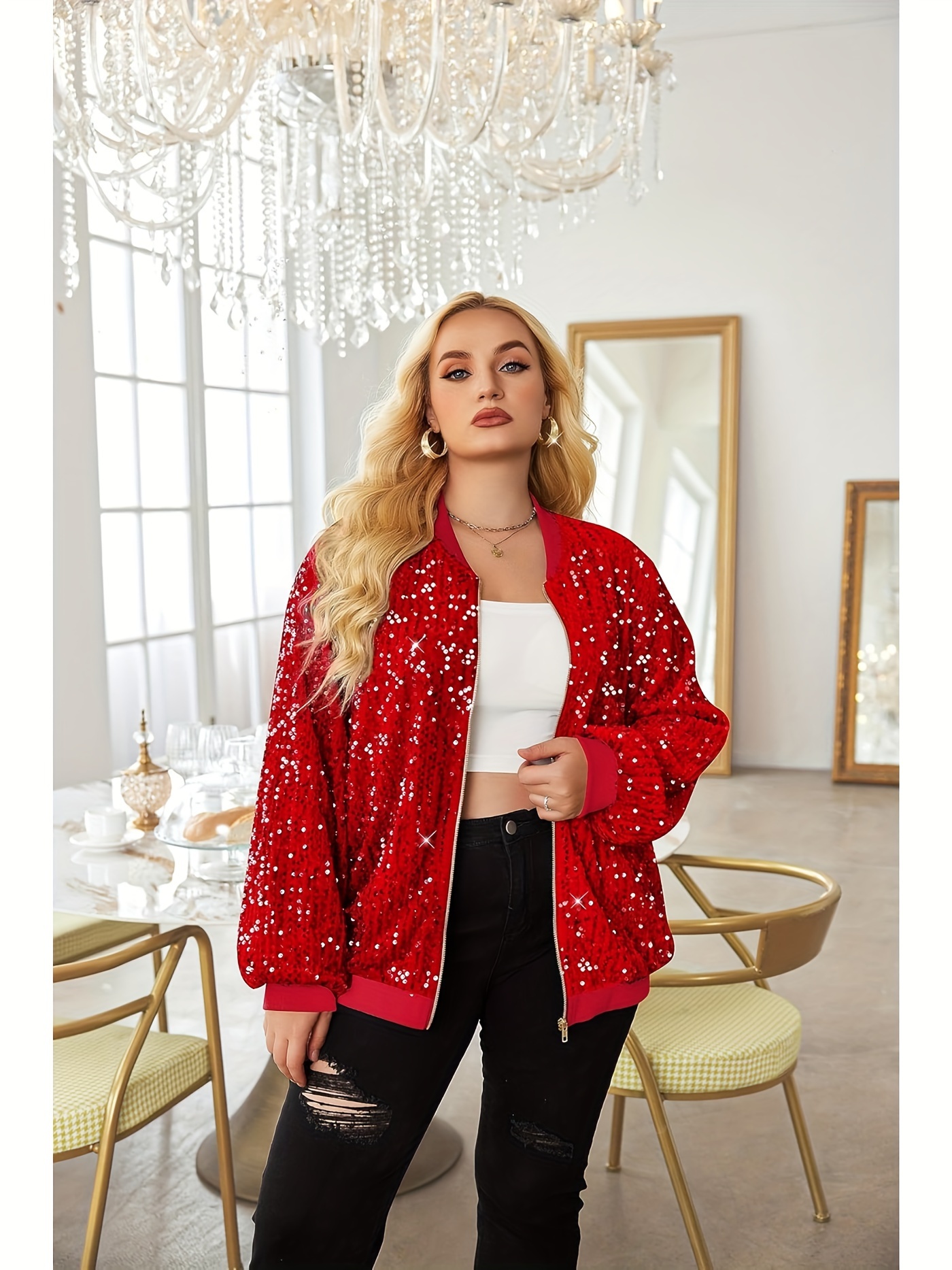womens plus size sparkle sequin jacket long sleeve front zip Temu