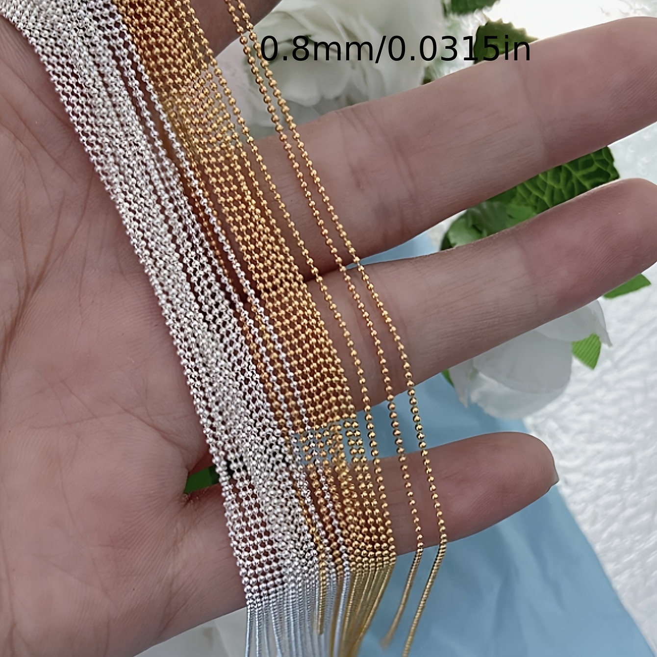 Image of 1-meter Roll Of 0.8mm Beaded Chain In Silvery, Golden, And Rose Golden, Nail Art Decoration, For Handmade Jewelry