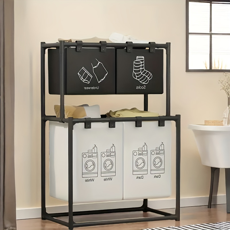 TEMU Panier à linge pliable double couche avec 4 sacs amovibles, panier de rangement multifonctionnel de place, matériau durable, design repliable,