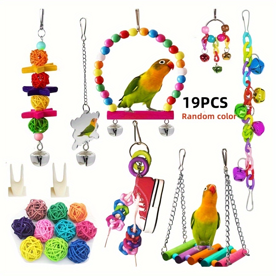 

19pcs Jeu de balançoires pour perroquets, équipement de jeu en bois pour oiseaux, échelle d'escalade colorée, mâchage et meulage, pour et moyens perroquets, fournitures pour animaux de compagnie