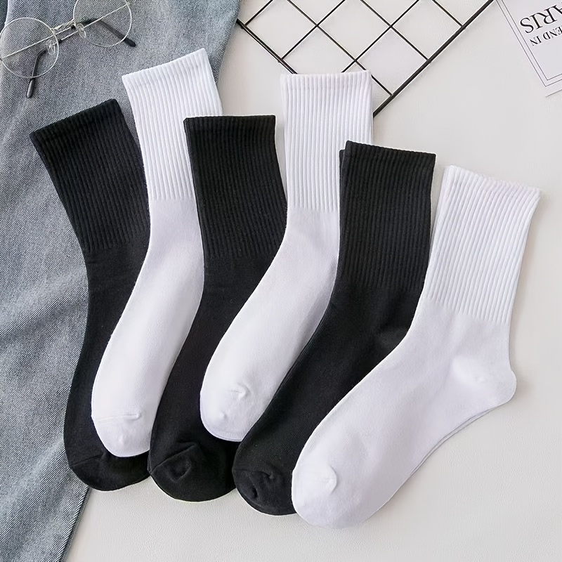 TEMU 6-pair Women' & Unisex Mid-calf Socks - 3 Black & 3 White Solid Color Tube Socks, Breathable Odor-resistant Suitable For Daily Wear, Sports,