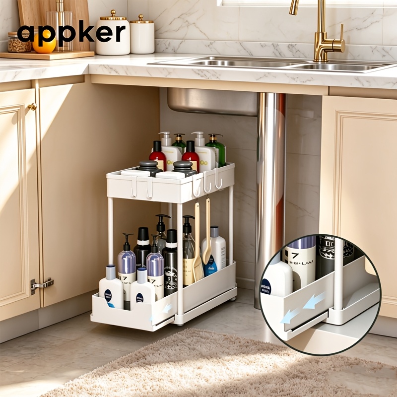 TEMU Organizador Deslizante de 2 Niveles para Fregadero Appker con 5 Ganchos, Estante Extraíble para Almacenamiento de Gabinetes, Duradera y para
