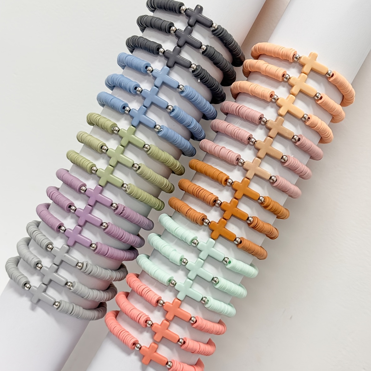 30pcs Elegant Polymer Clay Stretch Bracelets With Pendants, Stackable Macaron Color Beaded Jewelry Set For Women, Daily & Gift