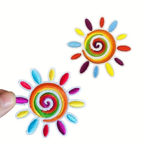 2pcs colorful sun embroidered patches colored aperture iron on sew on fabric patches diy badge stickers suitable for decorating diy backpacks hats clothes jackets t shirts etc and as clothing hole repair patches vibrant color matching