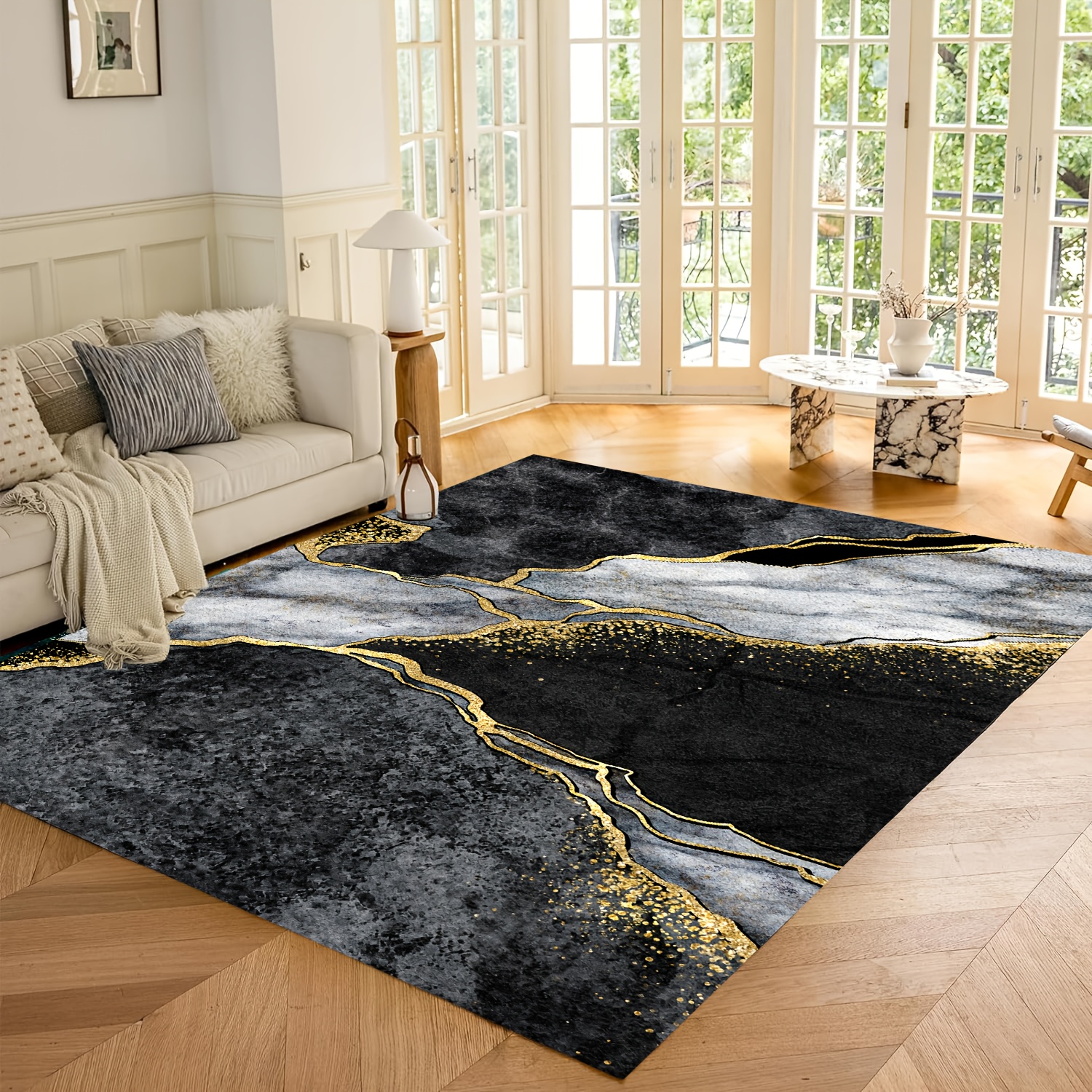 

Luxurious Marble & Line Texture High-density Carpet - 800gsm, Non-slip, Washable Polyester With Decorative Backing For Living Room, Bedroom, Dining, And More