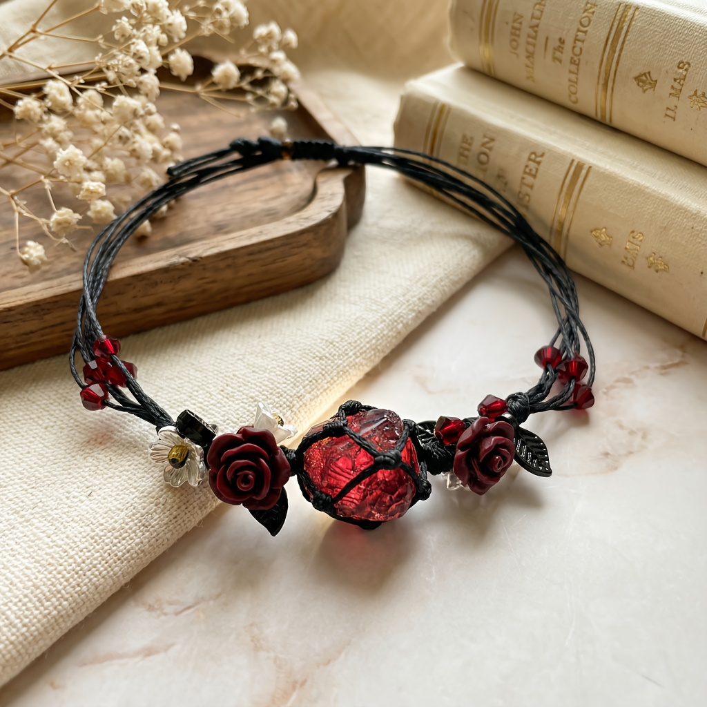 E-shop 1 Stück Handgeflochtenes Bohemian-Rosen-Armband mit Kunstkristallperlen – Verstellbarer Knotenblumen-Schmuck, Handgeflochten für Frauen,