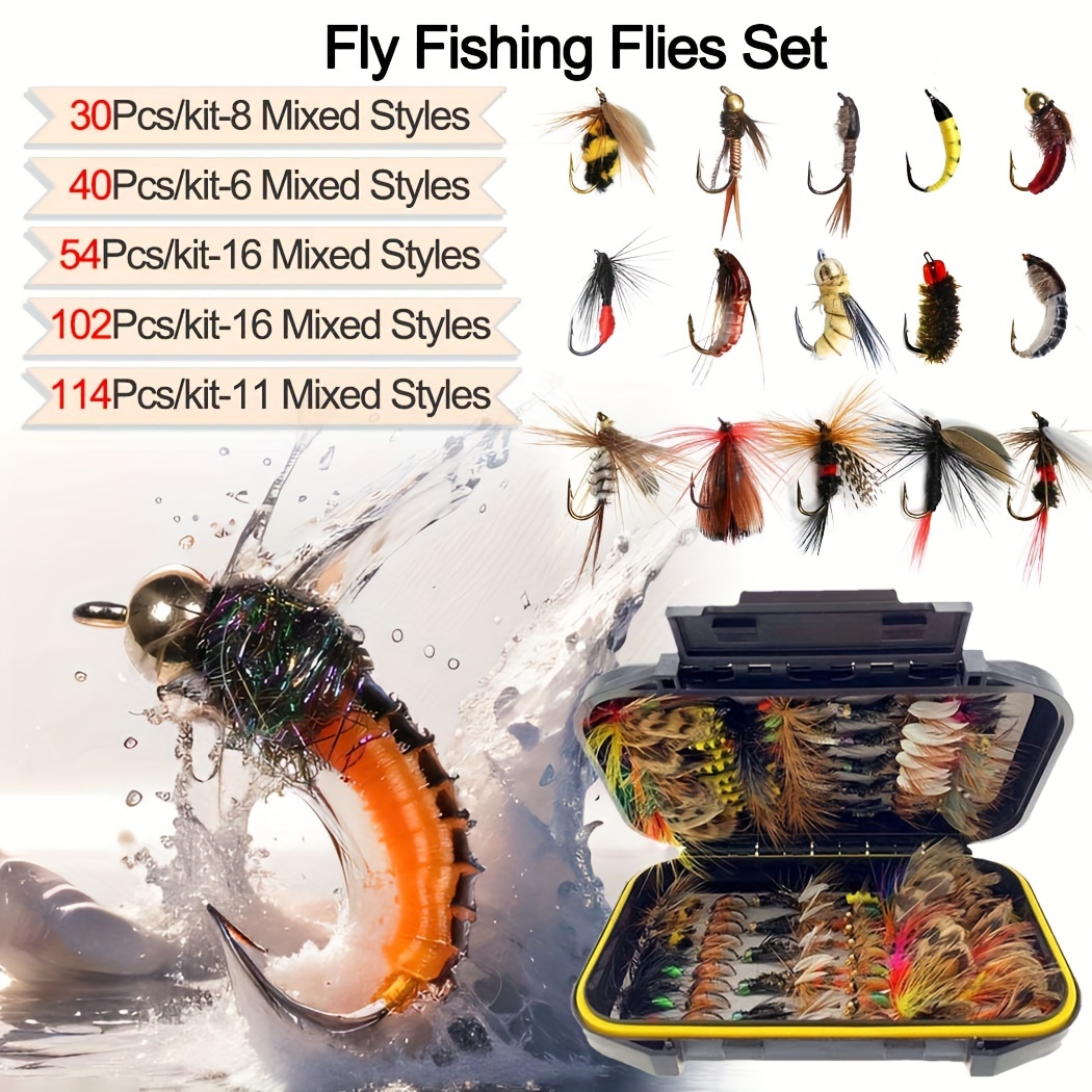 

Fly Fishing Flies Kit Fly Assortment Trout Bass Fishing With Fly Box, 24/30/40/54/84/102/114pcs With Dry/wet Flies, Nymphs, Streamers, Popper
