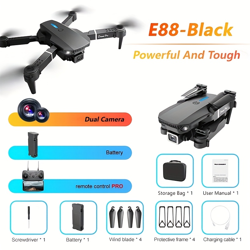 

Drone With Dual Camera, E88 Fpv Quadcopter, Dual Folding Design, Hold, Remote Control Uav For Beginners, Outdoor Use, Great Gift For Men, Christmas, Birthday And