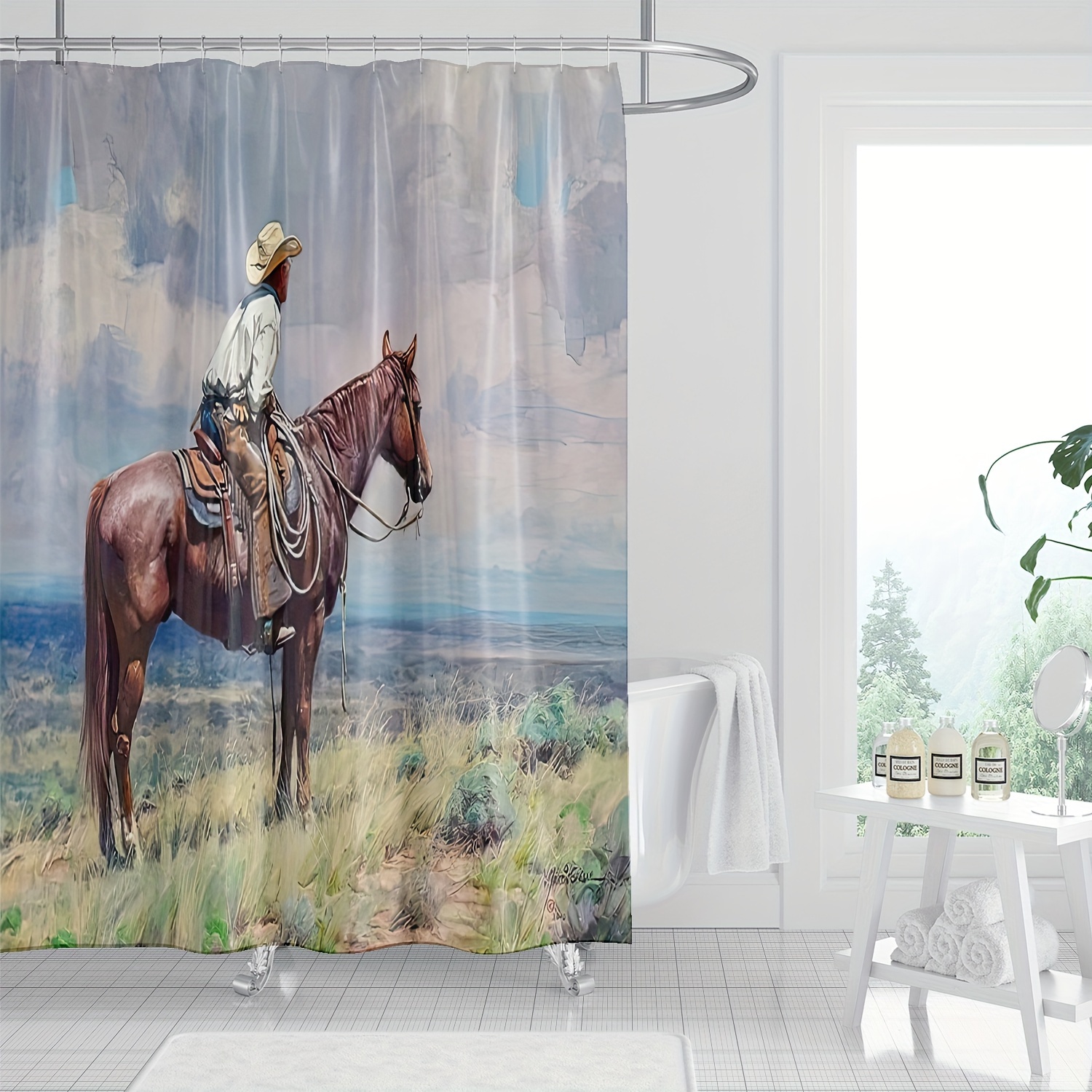 

1pc Cowboy Horse Pattern Shower Curtain, Waterproof Decorative Bath Curtain, Bathroom Partition Curtain With Hooks, Home Bathroom Decor